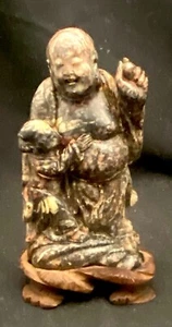 BEAUTIFUL CHINESE SOAPSTONE HAPPY BUHDDA & CHILD FIGURINE 6", HANDMADE c1920 vg - Picture 1 of 8