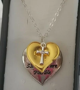 With Faith All Things are Possible Cross 925 Sterling Silver Hearts Necklace Box - Picture 1 of 12