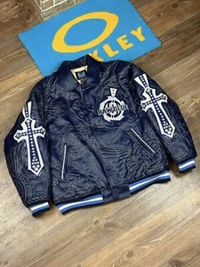 Mens Vintage Raw Blue Ice Man Chrome Leather Varcity Blue Jacket Size L - Picture 1 of 24