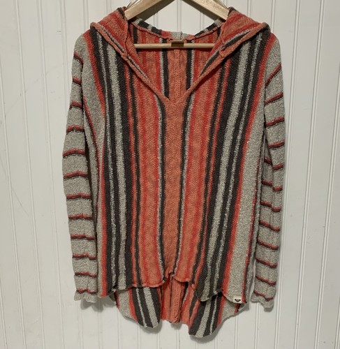 OFF WHITE Felpa con cappuccio ROXY collo a V maglione a righe lavorato a maglia piccola manica lunga surfer usata C6