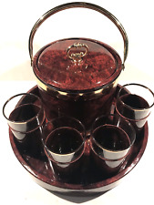 Ice Bucket With Tray & 4 Glasses Gold Trim VTG-Maroon Leather Marbleized Look