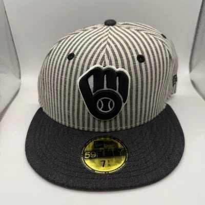Nuevo sombrero de tela New Era 59Fifty Milwaukee Brewers gris a rayas Seersucker 7 1/8 Foto 1 de 4