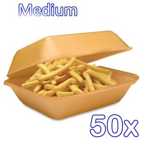 50x Small FP7 Polystyrene Foam Food Containers Takeaway Box Hinged lid BBQ