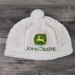 John Deere Infant Sherpa Beanie Hat White With Pom Pom Logo Front JJ Cole - Picture 1 of 9