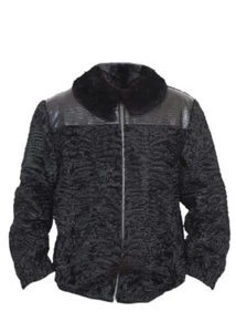 Black Persian Lamb Fur B3 Bomber Jacket With Mink Collar And Pu Leather Trim - Picture 1 of 5