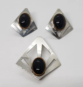 JUEGO: PENDIENTES Y BROCHE STEVE STAMAS Vintage Modernista Plata de Ley y Ónix - Imagen 1 de 10