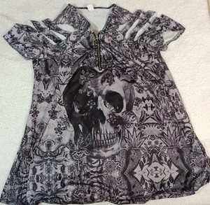 Übergröße 4XL lässige Damenbluse Totenkopf-Design schulterfrei Reißverschluss Tunika Tops - Bild 1 von 5
