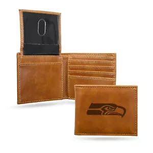 Billetera plegable marrón grabada con láser Seattle Seahawks nueva con etiquetas - Imagen 1 de 1