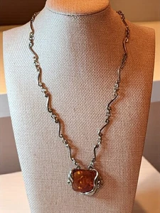 Silver Tone Necklace – Faux Amber Center Stone, Artsy Wavy Chain, 9.5 Drop - Picture 1 of 5