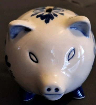 Hand Painted Piggy Bank... Holland Delft Blue & White... Ceramic  4" x 6" - Image 1 of 4