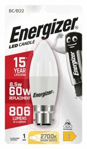 2X ENERGIZER LED CANDLE BULBS B22 (806LM) 8.5W / 60W (2,700K warm white) S17356 - Picture 1 of 2