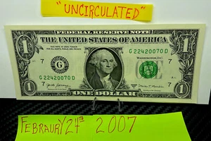 One Dollar Birthday Note February 24 2007. Uncirculated Fancy Serial Number $1 - Picture 1 of 16