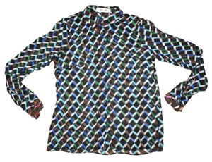 Diane Von Furstenberg 100% Silk Multicolor Blouse Women's Size 14 Sheer - Picture 1 of 9