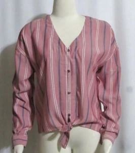 NEW Womens Ladies PINK ROSE Washed Red & Gray Stripe Tie at the Waist Top S - Picture 1 of 5