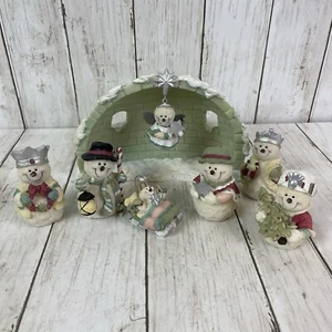 Snowman Nativity Scene W/ Igloo Tealight Holder 8 Pc Set - Vintage - Picture 1 of 11