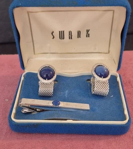Vintage Swank blau Moonglow Cabochon Rundum Manschettenknöpfe & Krawattennadel Set - Bild 1 von 8