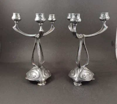 2 Jugendstil Kerzenleuchter Zinn um 1900 - Bild 1 von 4