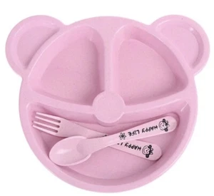 Baby Childs Plate Pink Bear Head w Fork Spoon Anti-heat Wheat Straw Safe for Kid - Picture 1 of 1