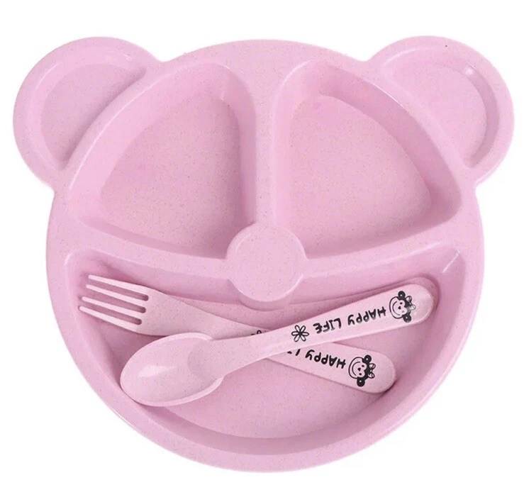 Plato para bebés niños cabeza de oso rosa con tenedor cuchara pajita de trigo anticalor seguro para niños Foto 1 de 1