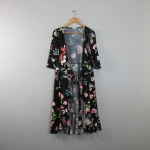 Kiyonna Floral Wrap Dress Plus 1X Black Midi Kimono Whimsy Cocktail Party 470 - Picture 1 of 9