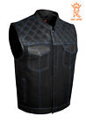Men Leather/Denim Club Motorcycle Vest Blue Thread Diamond Stitch Bike Waistcoat