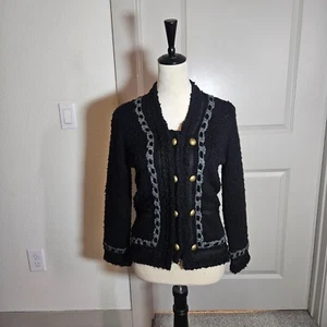 BCBG Maxazria Blazer Jacket Medium Button Up Knit Fluffy Gray Trim Black - Picture 1 of 13