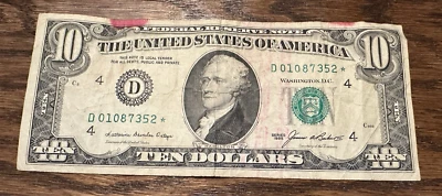 SERIES 1985 A ☆ STAR NOTE ☆ $10 TEN DOLLAR BILL : D 01087352 : LOW # : C 888 - Image 1 of 4