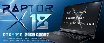 Eurocom Raptor X18; 18" UHD; Ultra 9 275HX/Nvidia RTX 5090/2TB/128 GB RAM/Win11 - Image 1 of 4
