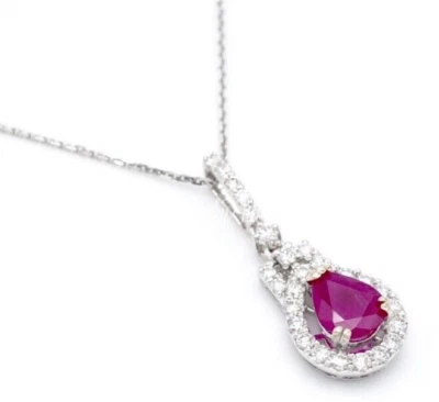 18k White Gold Natural  Ruby & Diamond Pendant halo July Birthstone 1.58 ct - Image 1 of 4