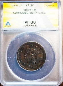 1852 1c Braided Hair Large Cent VF-30 Details ANACS New # 7472103  + Bonus - Picture 1 of 2