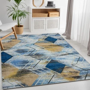 Modern Geometric Rug - Blue Hues, Durable Anti-Slip, Stylish & Machine Washable - Picture 1 of 13