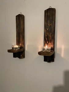 Pair of fire treated wooden wall sconces - pilar candle holder 50cm 20 inch - Picture 1 of 1