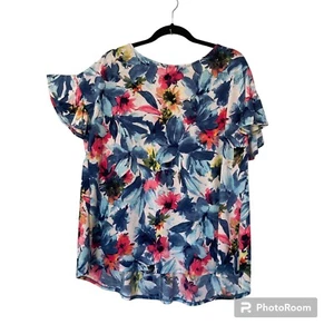 White Birch Womens Blouse Top L Peplum Back Dark Floral Watercolor Ruffle - Picture 1 of 9