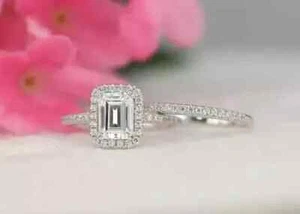 Emerald Cut Lab Created Diamond Women Wedding Ring 14K White Gold Plated Silver - Picture 1 of 4