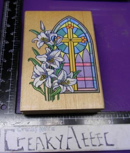 EASTER WINDOW CROSS LILIES STAINED GLASS RUBBER STAMP STAMPENDOUS P040 CREAKY - Picture 1 of 2