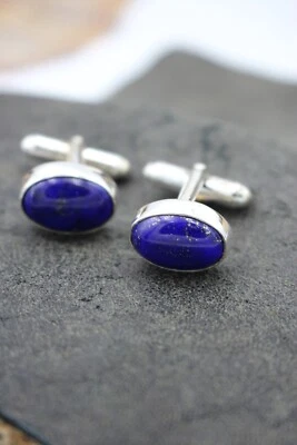 Naturale Lapislazzuli Gemma 925 Argento Sterling Gemelli Regalo Per Marito - Immagine 1 di 3