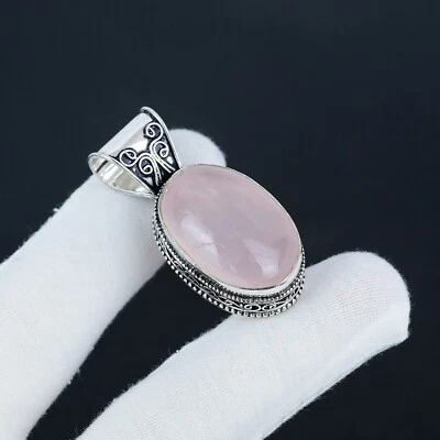 Quarzo Rosa Gemma Artigianale 925 Pendente Argento Sterling Per Compleanno Gifts - Immagine 1 di 4