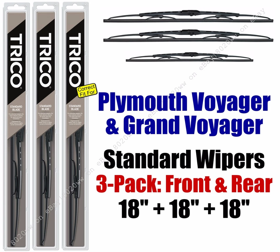 Limpadores traseiros dianteiros 3 peças - ajuste 1991-1993 Plymouth Voyager/Grand Voyager 30180x2/180 - Imagem 1 de 1