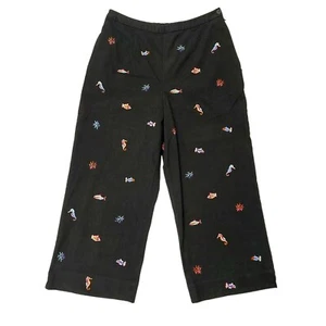 Coldwater Creek Crop Wide Leg Pants Womens 10 Black Embroidered Side Zip Casual - Picture 1 of 10