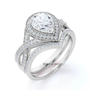 Moissanite Braut Set 3 Ct D/VVS1 Birnenhalo Verlobungsring massiv 14k Weißgold - Bild 1 von 5