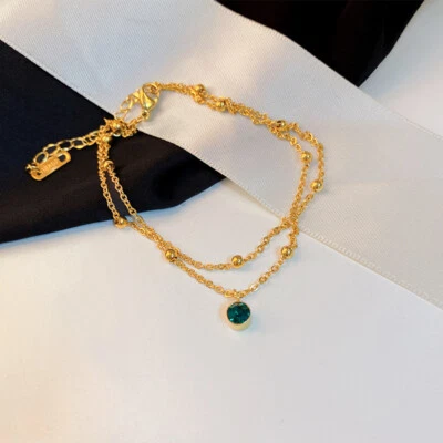 Brazalete Brazalete Mujer Chapado en Oro 18K Acero Inoxidable Cuentas Esmeralda Simuladas Foto 1 de 3