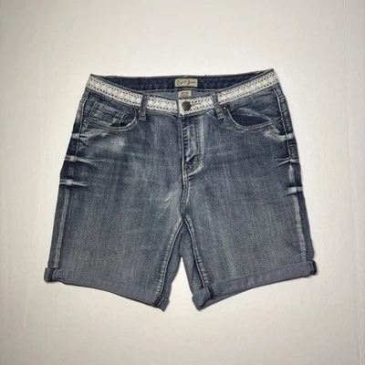 Earl Jean Denim Cuffed Shorts Embroidered Lace Waist Stone Washed Womens Size 10 - Image 1 of 4