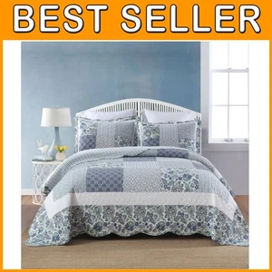Rustic Blue Floral Quilt Set, 3 Piece Bedding Collection - Picture 1 of 11