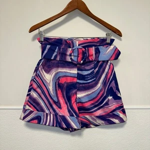 One N More Psicodélico Volantes Bolsa de Papel Para Mujer Pantalones Cortos Rosa Púrpura S Cinturón Nuevo con Etiquetas - Imagen 1 de 12