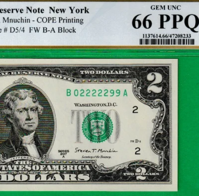 $2  FEDERAL RESERVE NOTE FANCY Serial Numbers B 02222299 A New York PCGS 66 PPQ - Image 1 of 3