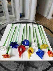 Murano Style Long Stem Glass Flowers Set of 10 with Decorative Centerpiece NEW - Picture 1 of 24