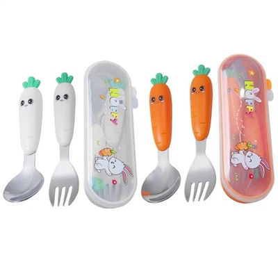 Cuchara y tenedor para bebés utensilios de autoalimentación entrenamiento juego de cubiertos de silicona Foto 1 de 4