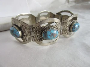 Vintage Mexico silver tone linked bracelet with Faux Turquoise cabs - JPR - Picture 1 of 7