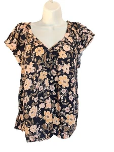 Old Navy Blue Peach Floral Bluse XL Business Casual Bloomcore - Bild 1 von 4
