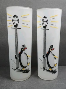 Vintage 2 Tall Tom Collins Frosted Glasses DAPPER PENGUIN LAMPOST MCM 50s - Picture 1 of 12